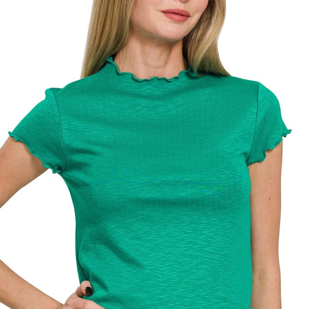 Zenana Cotton Modal Slub Lettuce‎ Trimmed Cropped T-Shirt